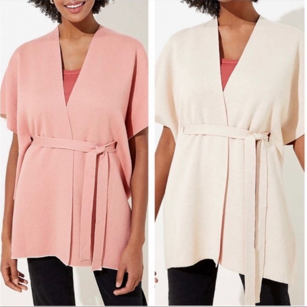 NWT Loft pink and tan reversible belted poncho Size M/L